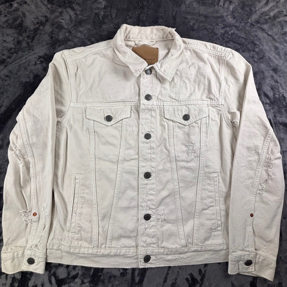 American Eagle Denim Jacket Mens Large Cream Distressed Trucker Jean Coat